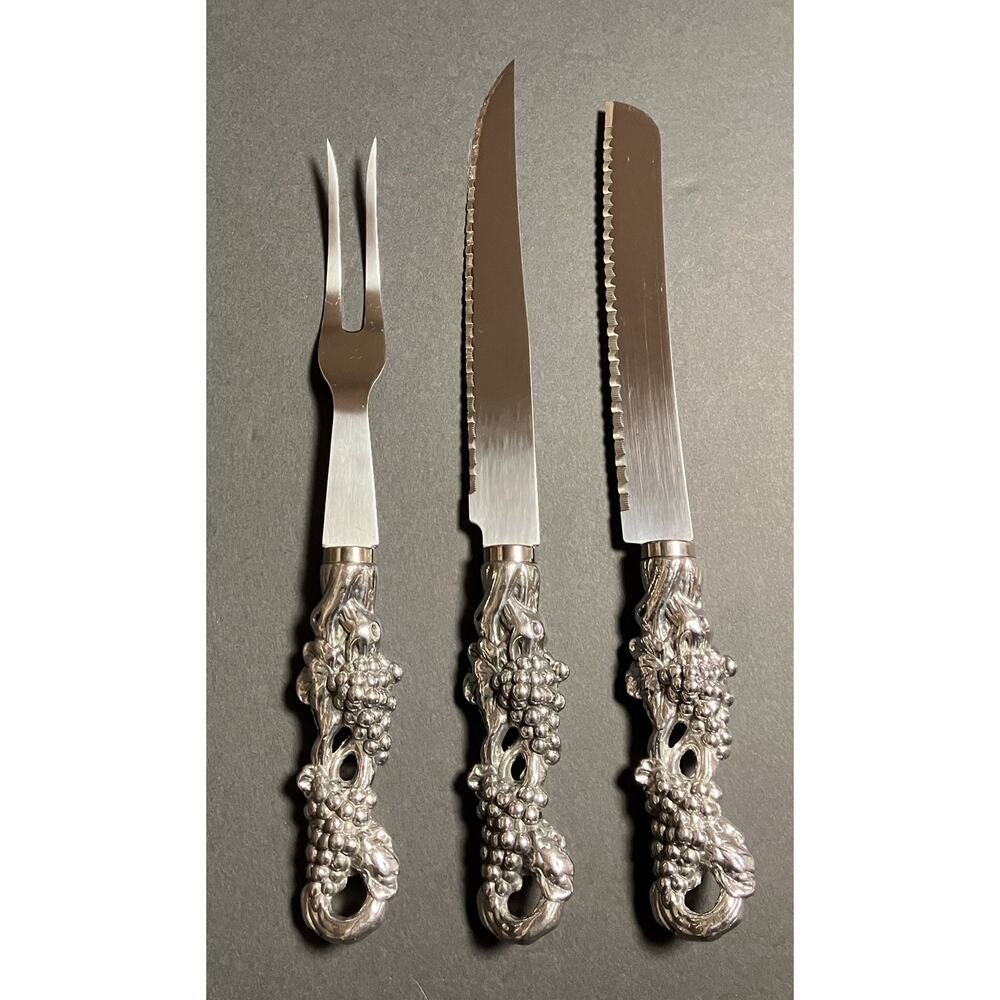 Vtg Arthur Court Aluminum Hollowware Carving Set Grape Pattern Fork and 2 Knives